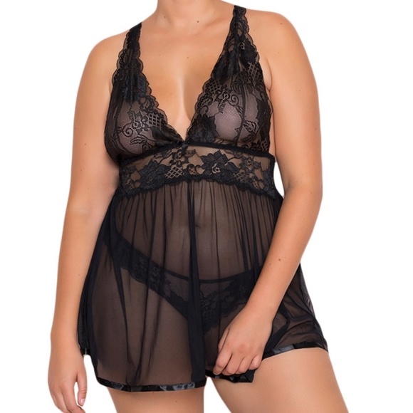 Other - Plus Size Black Lace Mesh Babydoll Set
